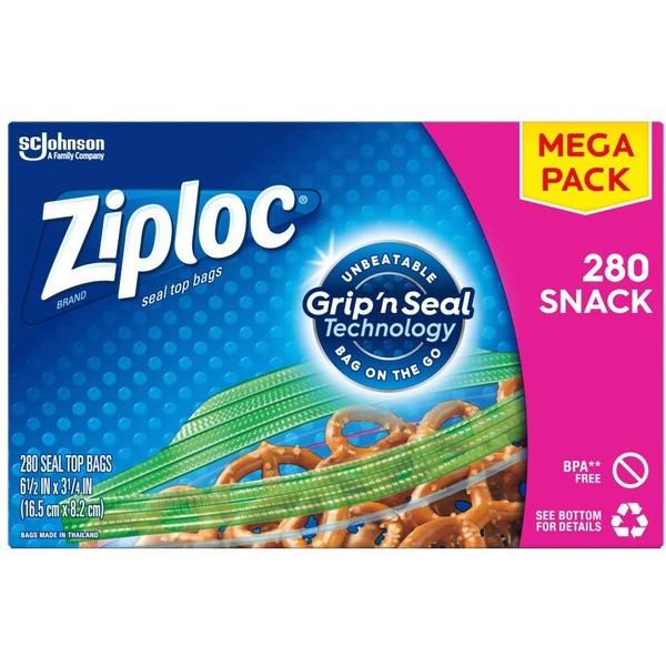 Ziploc Snack Bags with New Grip 'n Seal Technology, Ideal for Packing Cookies, Fruits, Vegetables, Chips and More, 280 Count