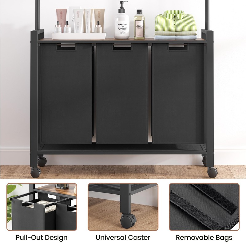 GarveeHome Laundry Sorter, Laundry Hamper 3-Section With Hanging Rack, Rolling