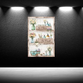 iKNOW FOTO So Fresh and So Clean Clean Bathroom Wall Art, Rustic Teal Farmhouse Canvas Prints, Bathroom Rules Decor, Laundry Room Signs, Wood Background Framed Artwork, 16x24 Inches Ready to Hang