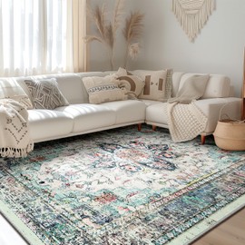 BESTSWEETIE 9x12 Area Rug Washable Rugs for Living Room, No Pile Boho Carpet for Entryway Bedroom Dinning Room, Vintage Carpet Print Distressed Non-Slip, 9 x 12 ft, Multi Navy Teal