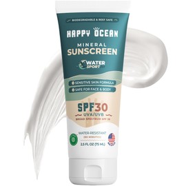 Happy Ocean SPF 30 Reef Friendly Sport Mineral Sunscreen for Face & Body, Non-Nano Zinc Oxide, Natural Organic Non Toxic Mineral Based Coral Reef Safe Sunscreen, Travel Size, Biodegradable 2.5 Fl Oz