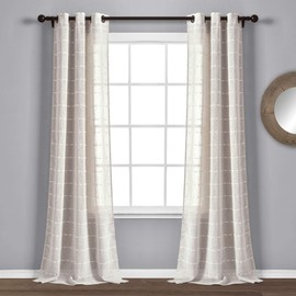 Lush Decor Farmhouse Textured Grommet Sheer Window Curtain Panel Pair, 38"W x 95"L, Beige
