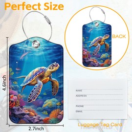 3 Pack PU Luggage Tags for Suitcase, Sea Turtle Suitcase Tag Leather Privacy Cover ID Label with Stainless Steel Loop for Baggage Handbag School Bag Backpack