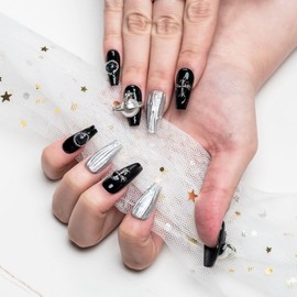 Sun&Beam Nails Handmade Nail Tip, Medium, Long, Ballerina, Black, Silver, Popular, 3D, Fashionable, Cute, Cool Design, False Claws, Includes Storage Box, Pack of 10 (#44 M)