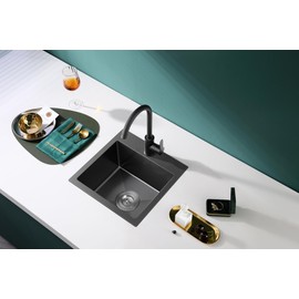 ROVATE 15 inch Drop in Bar Sink Single Bowl, Small Black Nano Kitchen Sink Top-mount, Overmount Handmade 304 Stainless Steel Bar Sink with Basket Strainer, 15 x 15 x 8 inch