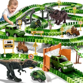 iHaHa Dinosaur Toys Race Car Track，Dinosaur Toys Toys 1-3 3-5，6 PCS Dino Car，2 Dino and Flexable Race Track Create A Dinosaur Road Toys for 3 4 5 6 Year Old Boys