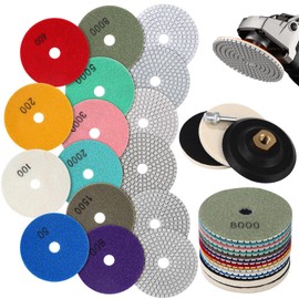 Pack of 14 Diamond Wet Dry Polishing Discs with 100 mm Marble Polishing Set Sanding Pads with M14 Rubber - Support Plate for Granite Tiles Concrete Marble with 2 Wool Pads, Mixed Grit 50-8000, for