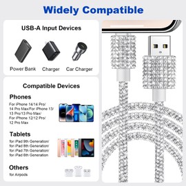VOFUOE VOFUOE USB A to Phone Cable, [MFi Certified] Fast Charging Cable Bling Sparkling Diamond USB A Charging Cord for Women 4FT for Phone 14/13 /12/11, for iPad 9th/ 8th/7th Generation-Silver