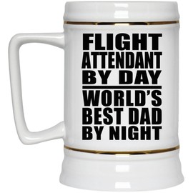 Designsify Gifts, Flight Attendant By Day World's Best Dad By Night, 22oz Beer Stein Ceramic Tankard Mug with Handle for Freezer, for Birthday Anniversary Mom Dad Parents Fathers Mothers Day Party