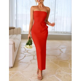 ZESICA Women's Summer Strapless Bodycon Maxi Dress 2025 Ribbed Knit Backless Floral Tube Cocktail Party Long Dresses,Red,Large