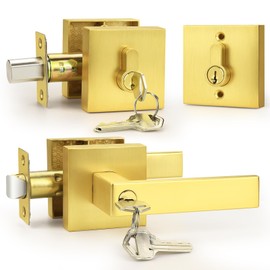 Probrico Brushed Gold Exterior Door Locksets Heavy Duty, Keyed Alike Square Front Entry Door Handle and Double Cylinder Deadbolt Set, (Satin Brass, 1Pack)