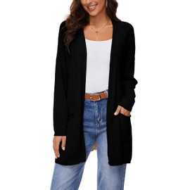 BERESIA Women's 100% Cotton Open Front Cardigans with Pockets Oversized Classic Knit Casual Sweaters Outwear, Black, S
