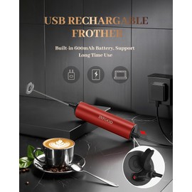 INFOOD Milk Frother Rechargeable with Cover - Coffee Frother Wand, Drink Mixer Handheld with 2 Detachable Stainless Whisks 2 Speed Adjustable for Latte, Cappuccino, Hot Chocolate, Egg, Red
