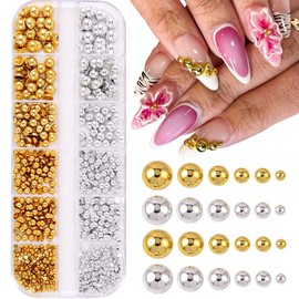 Flatback Pearls Nail Charms 3D Nail Art Charms Gold Sliver Mixed Size Resin Nail Art Rhinestones Supplies Manicure Accessories Decoration Kit for Women DIY Nail Art