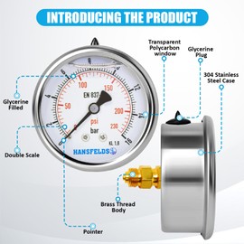 Hansfelds 0-16bar Pressure Gauge Liquid Filled 1/4''BSP Back Mount 63mm Dial Face stainless steel case Brass Connection Dual Scale bar/psi Accuracy 1.6,2Pieces Bushing reducer 1/4"to 3/8",1/4"to1/2"