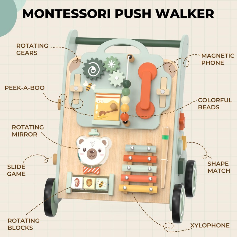 WOODMAM Wooden Baby Walker, Adjustable Speed Baby Push Walker for