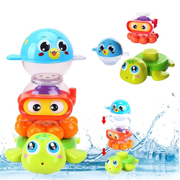 Liberty Imports 3 PCS Baby Bath Toys Waterfall Stack and Spray Sea Animals - Nesting Cups Stackable Game Toddlers Kids Bathing Tub Water Squirter Spraying Station Playset