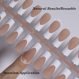 AUBSS French Tip Press on Nails Long Square, White Pre-French with Semi-Transparent Brown Soft Gel Fake Nails, Acrylic False Nails Set for Nail Art DIY Gift, 15 Sizes 150Pcs