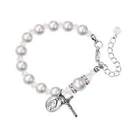 Flongo Kreuz Maria Rosenkranz Damen: Weiß Edelstahl Perlenarmband mit Kreuz und Maria Anhänger Verstellbares Katholisches Christliches Schmuck Religiöses Geschenk für Taufe Weihnachten Ostern
