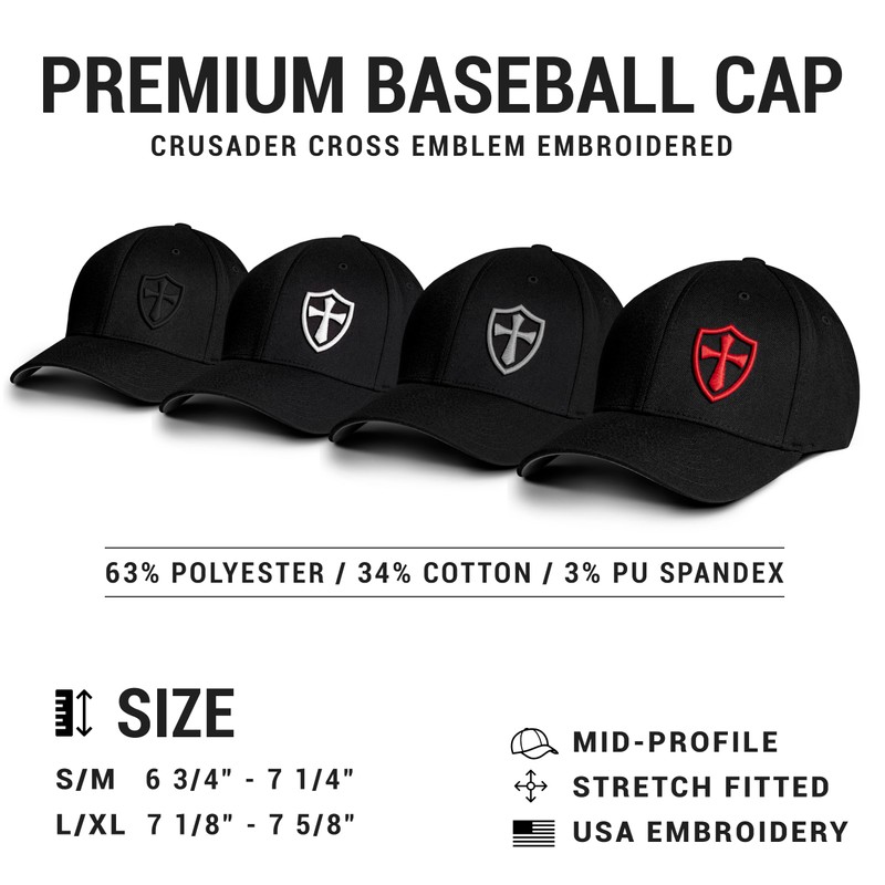 Crusader Baseball Cap for Men, Mid Profile Stretch Fitted, Black
