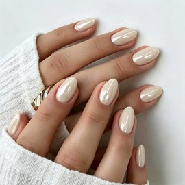 Uñas postizas cortas color beige cromado, uñas postizas extra cortas brillantes con forma de almendra, pegamento y pestañas, uñas postizas ovaladas gr