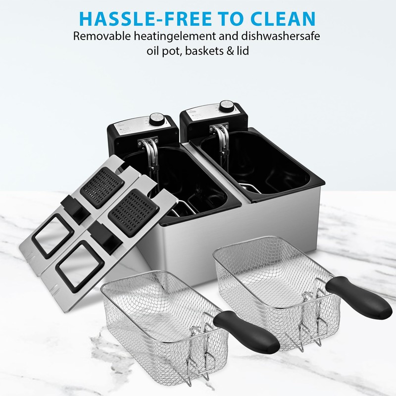 Pukomc Electric Double Deep Fryer with 2 Baskets & Lids,