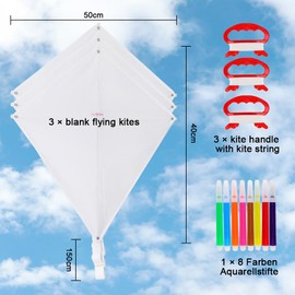 Umllpet Set of 3 Children's Kites, Children's Kites, Craft Set, DIY Craft Set, Flight Kite for Children, Single Line Kite Craft Kit, Graffiti Beginners, Design Yourself with 8 Felt Tip Pens and 3