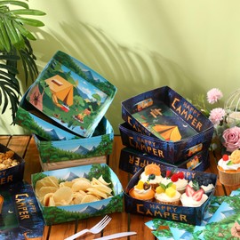 Ziliny 48 Pcs Camping Party Supplies 5 lbs Camping Adventure Nacho Boats Large Paper Serving Trays for Burger Fries Hot Dog Taco BBQ Popcorn Campfire Hiking Camper Theme Forest Nature Hiking Party