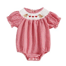 FIOMVA Toddler Baby Girl Clothes Summer Smocked Romper Bow Embroidery Bubble Onesie Short Sleeve Cute Bodysuit Outfits, Red Dog&heart, 12-18 Months