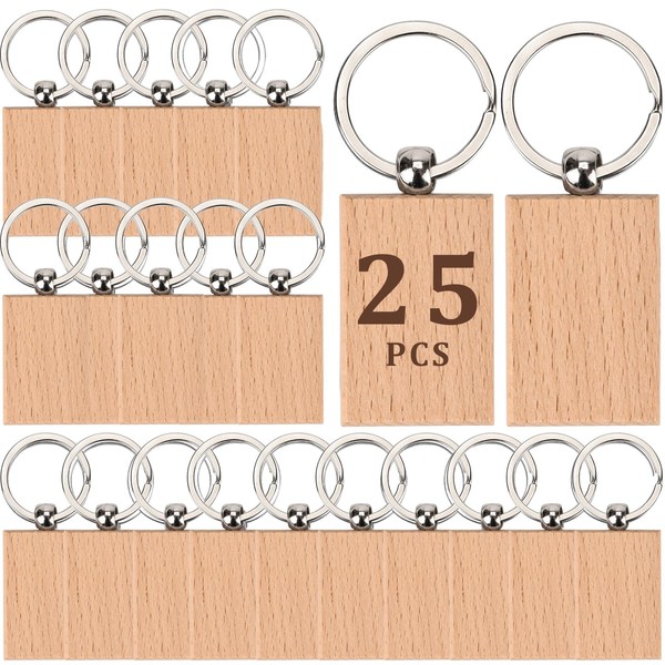 newsbirds 25Pcs Blank Wooden Keychains Wood Key Rings Rectangle DIY Wooden Keychains Personalized Wooden Craft Keychains Keyrings Natural Wooden Key Tags for DIY Craft Pyrography(5 X 3cm)