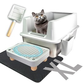 Enclosed Stainless Steel Cat Litter Box with Lid Extra Large Litter Box for Big Cats XL Metal Litter Pan Tray with High Wall Sides Enclosure,Easy Cleaning, Anti-Leakage, Non-Sticky. (Sliver & Gray)
