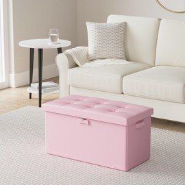 ENGPOW Storage Ottoman Bench,Fireproof Folding Bench with Lock,30 Inches Fire＆Water Resistant Storage Chest Foot Rest Stool Leather Bedroom Ottoman Safe for Documents,Valuables, Pink