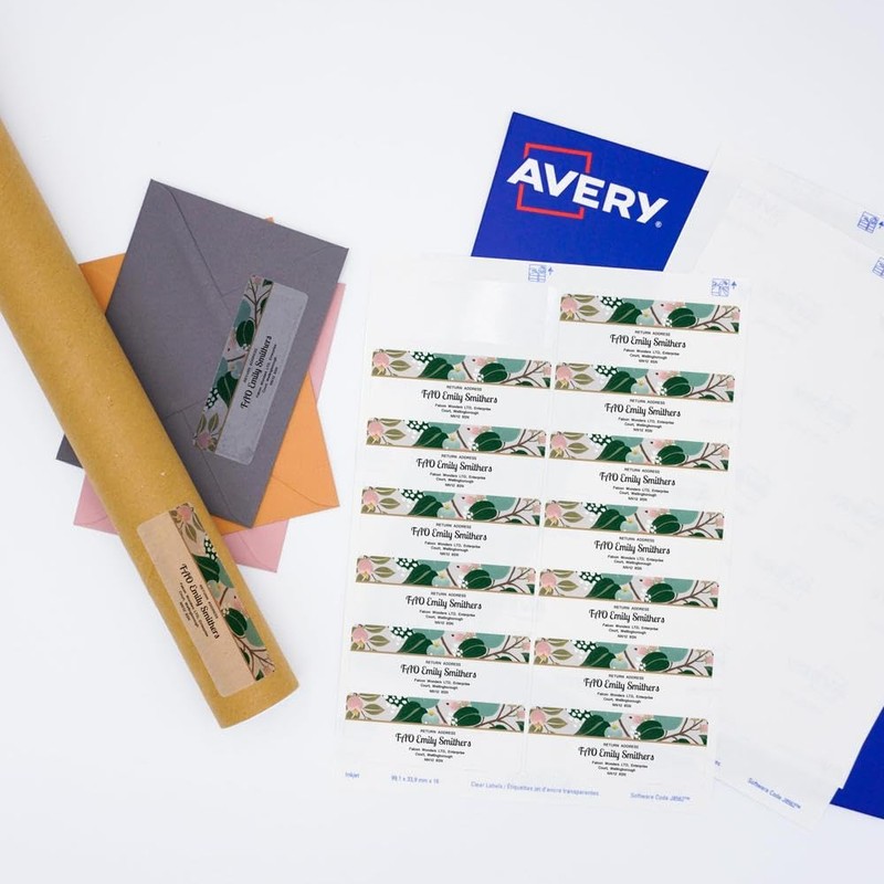 Avery Printable, Customisable Clear Address Mailing Labels, Inkjet Printers, 16