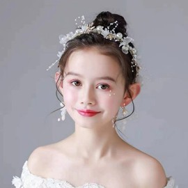 Flower Girl Headband with Flower Pearl Earrings, Flower Girl Headpiece Pearl Headband, Adjustable Flower Girl Hair Accessories, Flower Crown Headpiece Hair Vine Headband for Wedding, Party