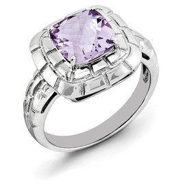 Sterling Silver Rhodium Checker-Cut Pink Quartz Ring