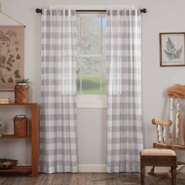 Madison Check Sheers, Gray Panel Curtains, Set of 2, 96" Long, Large Buffalo Checks in Gray and Ivory Sheer Window Treatment