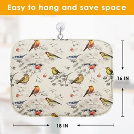 Sanwarm Absorbent Dish Drying Mat, Vintage Birds Watercolor Cute Floral Microfiber Pad for Kitchen Counter, Coffee Bar Decor, Heat Resistant and Reversible, 16" x 18"