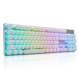 HUO JI HUO JI E-Yooso Z-88 Wired Typewriter Style Mechanical Gaming Keyboard, Programmable RGB Backlit, Blue Switches - Clicky, USB-C Cable, Metal Panel, 104 Double-Shot Keycaps for PC, White
