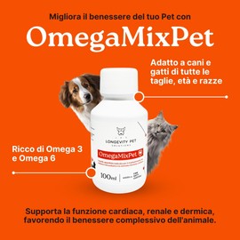Longevity Pet OmegaMixPet | Flüssiges Nahrungsergänzungsmittel Omega 3 und 6 für Hunde und Katzen | EPA 720 mg und DHA 480 mg für Haut, Fell und Nierenfunktion | Omega 3 und 6 Hund und Katze | 100 ml