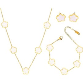 OSIRIDEH2 Clover Jewelry Set 18K Gold Plated Stainless Steel Necklace with Flower Design Four leaf clover for Women, Elegant Four Leaf Clover Necklace Floral Style Jewelry (Set white 3pcs)