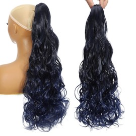 HENSLEELY 22Inch Claw Wavy Ponytail Extension Black to Dark Blue Long Curly Pony Tail Clip in Hair Extensions for Women Fluffy Synthetic Hairpiece for Daily Use(22Inch,T1BDark Blue)
