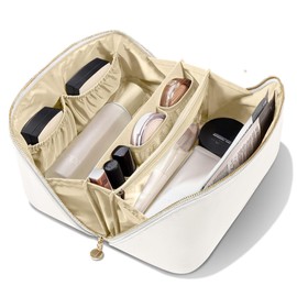 MSTONAL Travel Makeup Bag, Large Capacity Cosmetic Bags for Women, Waterproof Portable Pouch Open Flat Make up Organizer Bag with Dividers and Handle, Toiletry Bag for Essentials, lvory White