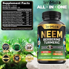 Tenmido Neem Leaf Supplement - 8in1 Formula - Combine with Berberine, Turmeric, Holy Basil, Amla, Artichoke, Milk Thistle, and Black Pepper - Immune Support - 120 Capsules for 4 Months Supply