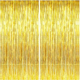 TONIFUL 2 Pack Gold Foil Fringe Curtains Tinsel Metallic Streamer Curtains for Photo Props Background Birthday Christmas Photo Backdrop Wedding Bridal Shower Party Decorations(3.28 ft x 6.56 ft)