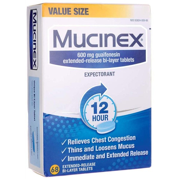 Chest Congestion, Mucinex 12 Hour Extended Release Tablets, 68ct, 600 mg Guaifenesin Relieves Chest Congestion Caused by Excess Mucus, #1 Doctor Recommended OTC Expectorant