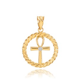 10k Yellow Gold Roped Circle Egyptian Ankh Cross with Diamond Pendant