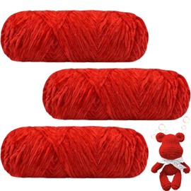Maxee 300 g (3 x 100 g) Velvet Baby Wool, Velvet Wool Chenille Yarn, Cuddly Soft Chenille Yarn, Fluffy Soft Plush Wool, Crochet Yarn Wool for Knitting and Crocheting, 09 Red