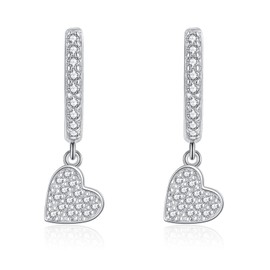 Zolkamery Silver Hoops Earrings for Women, 925 Sterling Silver Dangling Hoop Earrings with Heart Pendant, Hypoallergenic Huggie Drop Earrings with Zirconia, White Gold Dangle Earrings for Party Daily