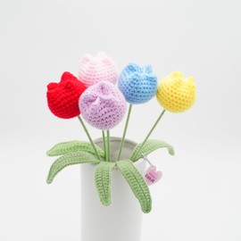 Handmade Crochet Flowers, Crochet Tulip Flowers with Leave and Long Stem, Assorted Colors (Closed, Blue | Red | Purple | Pink | Yellow, 5)