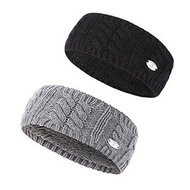 AnJuHoPa Women's Winter, Warm Earmuffs, Cable Knitted Headband, Knitted Ear Warmers, Crochet Headband, Lined with Soft Fleece Lining ((Thick) Black and Grey)